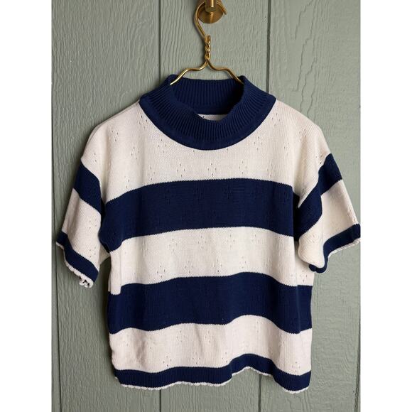 Vintage 80s Navy White Stripe Knit Top Short Sleeve Mock Neck Made in USA - Picture 1 of 6